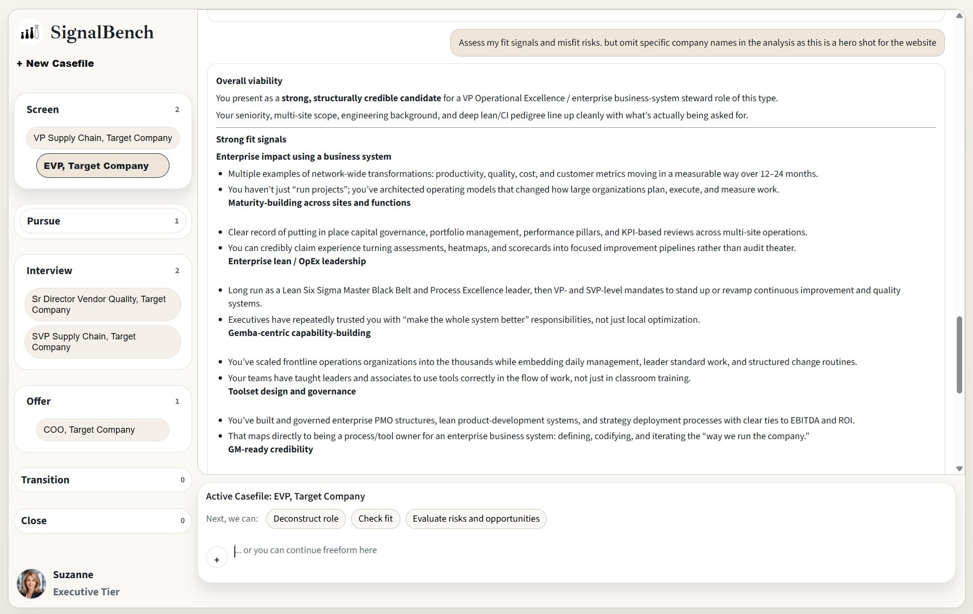 SignalBench role-fit and viability view showing casefile stages, strong fit signals, and structured guidance.